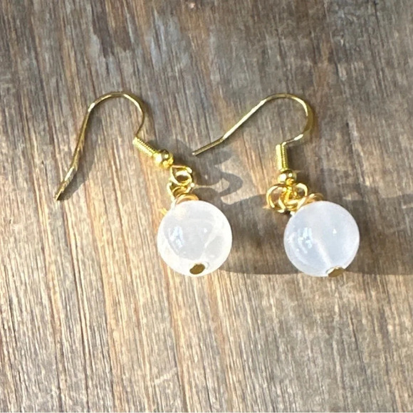 Selenite spheres dangle drops 925 sterling vermeil gold / protection earrings - Picture 1 of 5